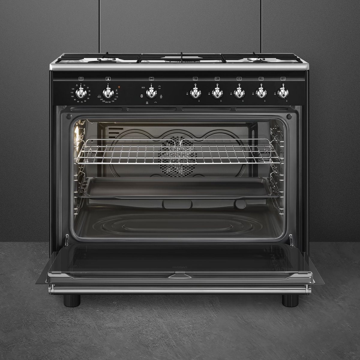 Piano de cuisson gaz 5 feux 90 cm noir brillant, SMEG