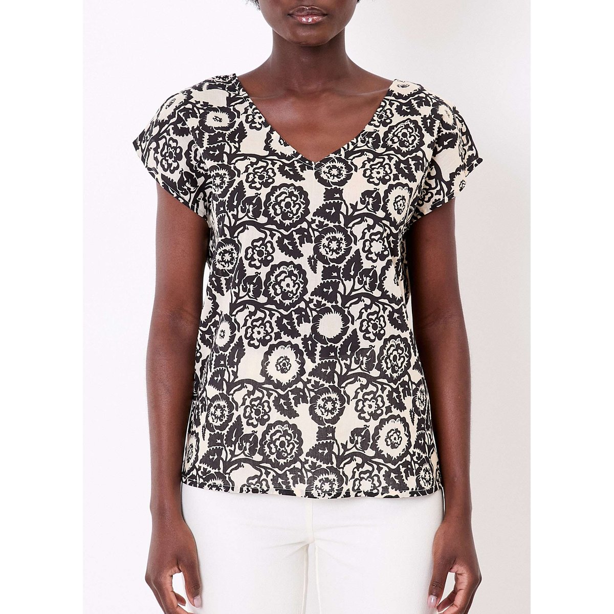 Top imprimé voile de coton bio col V CACIA noir lalgola, LA FIANCÉE