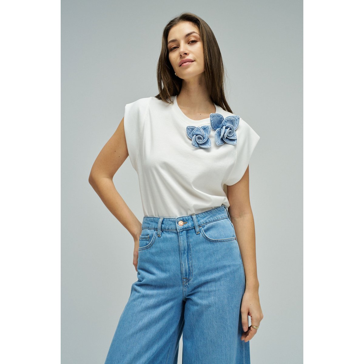 T-SHIRT AVEC APPLIQUE FLORALE blanc, SALSA JEANS