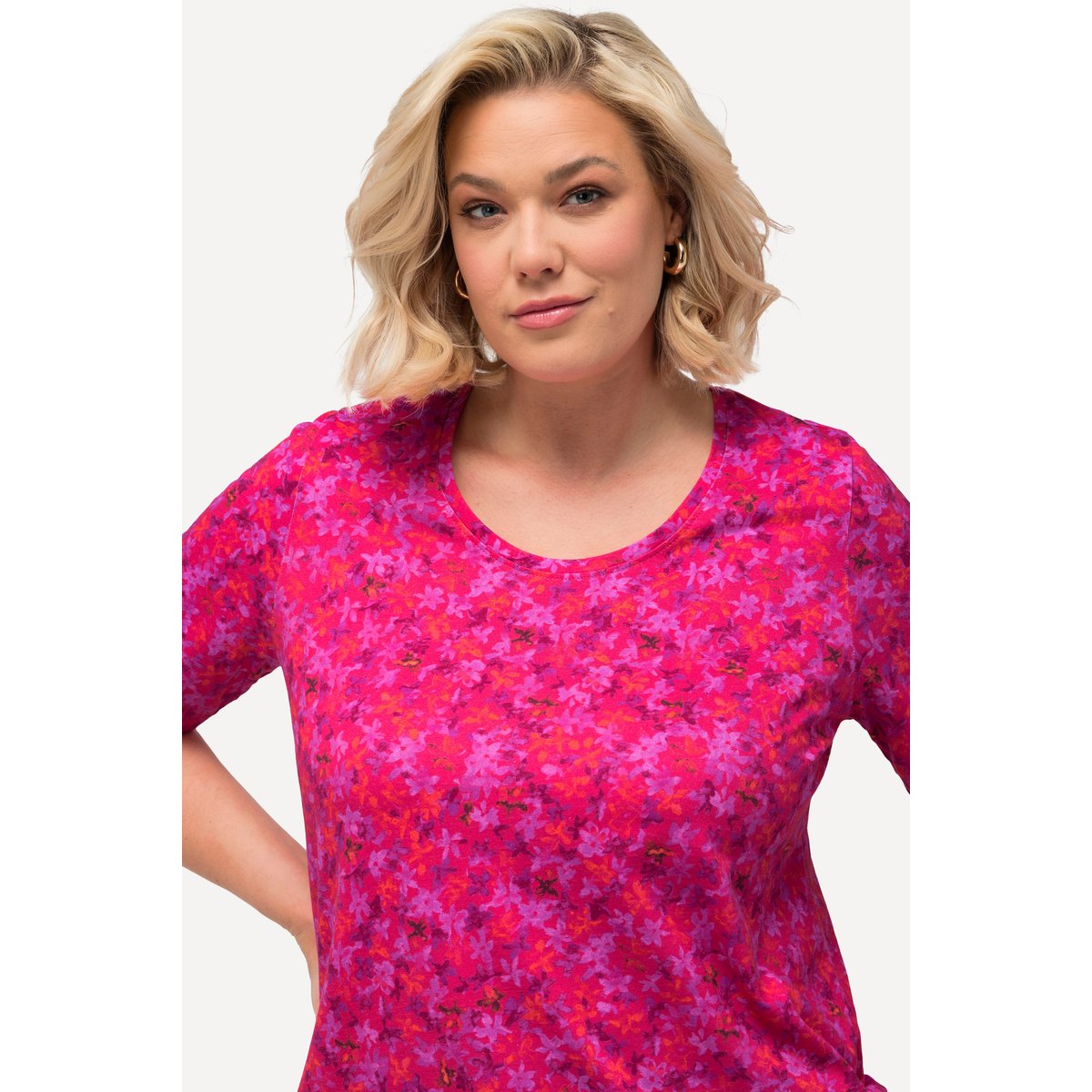 T-shirt long à manches courtes et col rond roses rouge, ULLA POPKEN