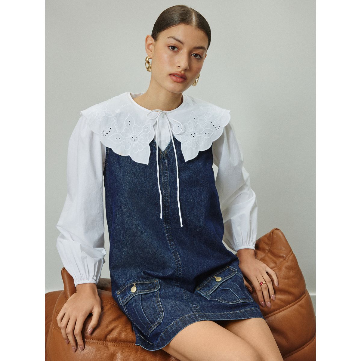 Robe chasuble courte en jean bleu foncé, NEXT