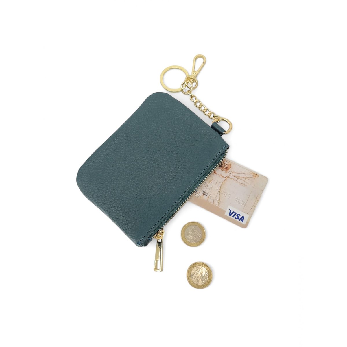 Pochette porte-monnaie porte-clés en cuir grainé POCKET bleu canard, OH MY BAG
