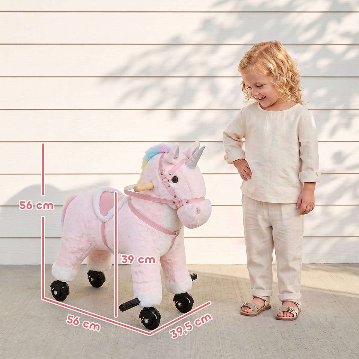Cheval à bascule pour enfants Peluche rose, crinière multicolore, AIYAPLAY