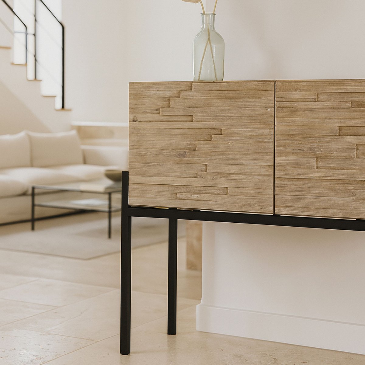 Buffet 2 portes en pin recyclé et pieds en métal beige, NOW'S HOME