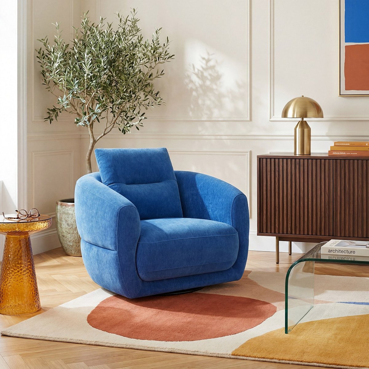 Fauteuil pivotant en tissu PRIANO bleu, HABITAT