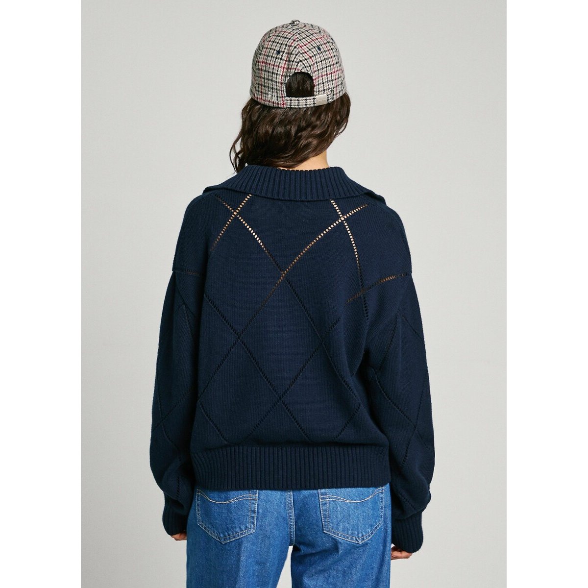 Pull avec maille ajourée, col polo IDRIS bleu marine, PEPE JEANS