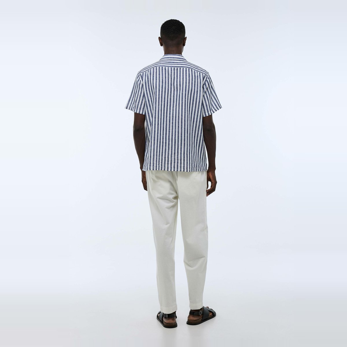 Chemise manches courtes rayée en lin et coton chine, MONOPRIX