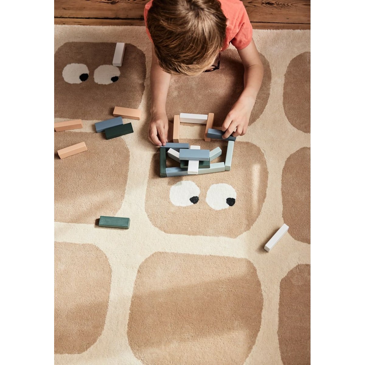 Tapis enfant rectangulaire épais, Coton bio GOTS, BIDULES beige, BLEUU STUDIO