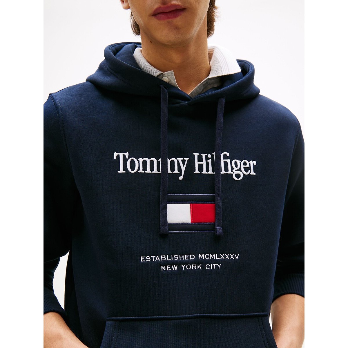 Flag Logo Hoodie navy blue, TOMMY HILFIGER
