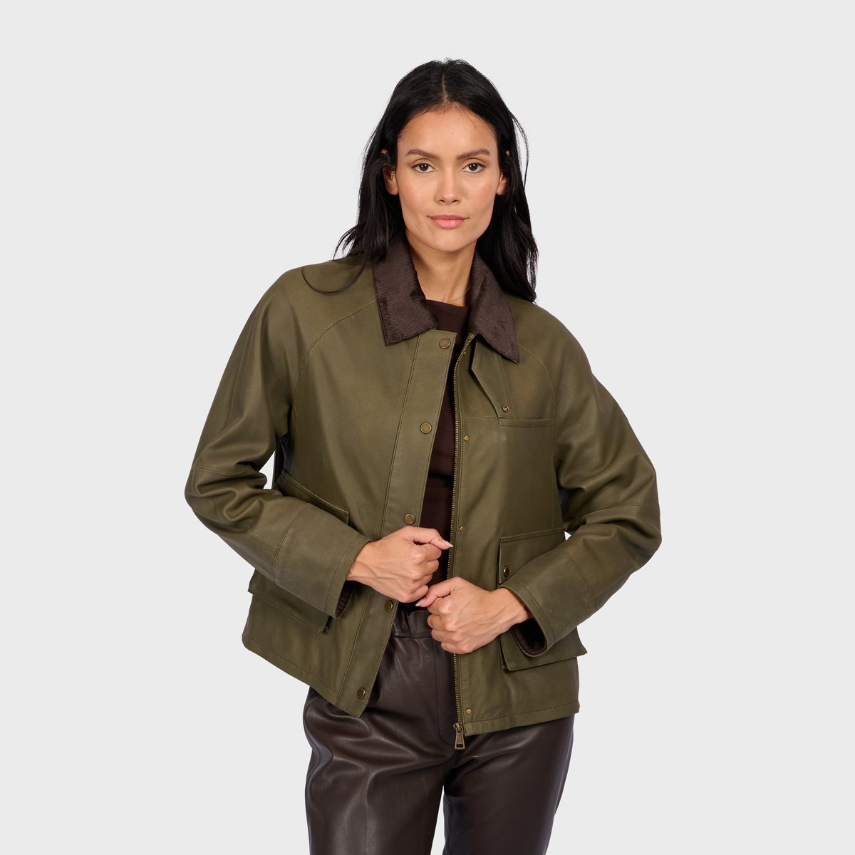 Veste en cuir à manches longues et col à revers MISSOURI kaki, OAKWOOD
