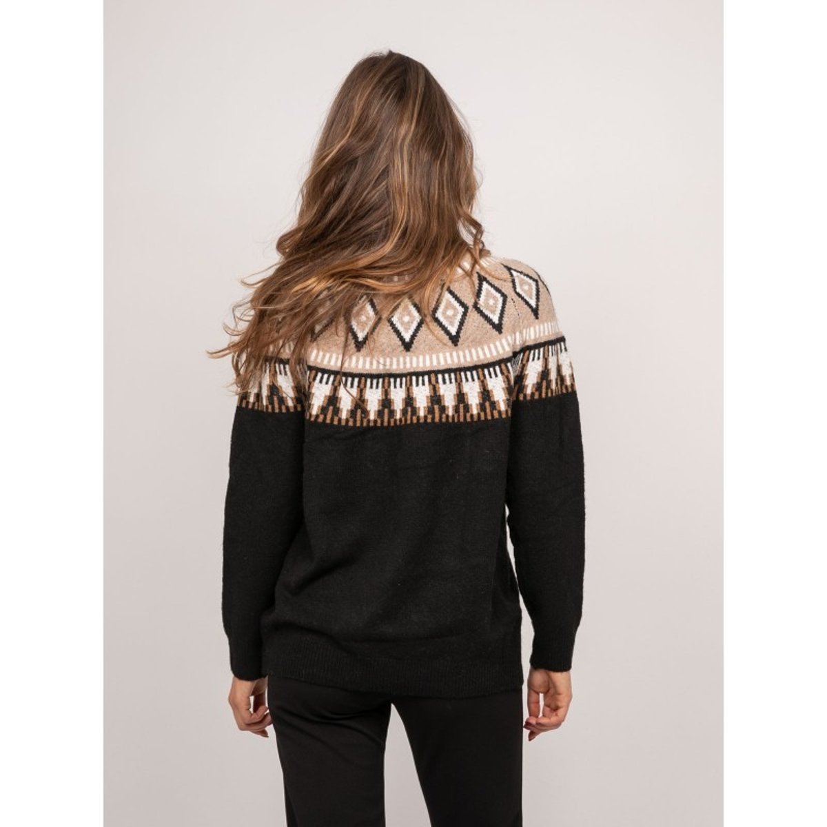 Pull Jacquard Col Montant Et Motif Norvégien Katana noir, DONA LISA