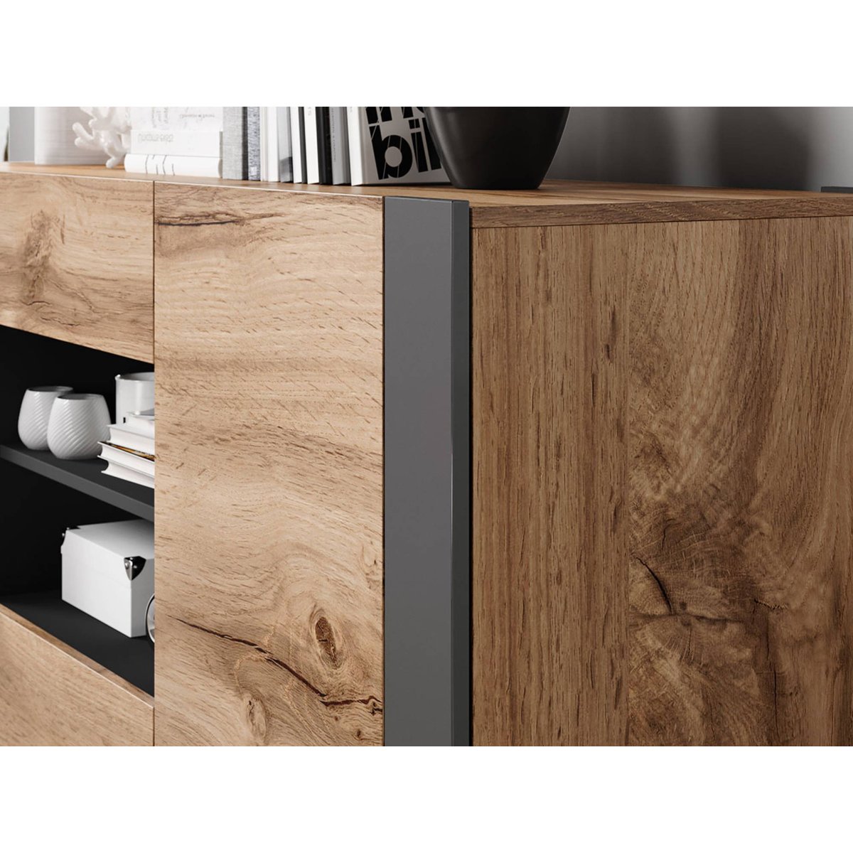 Buffet bas 2 portes, 2 tiroirs et 2 niches, WILLOW bois / gris, BEST MOBILIER