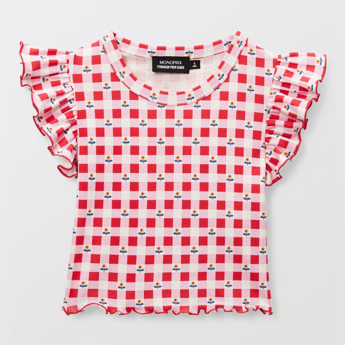 T-shirt manches volantes imprimé en coton rouge, MONOPRIX