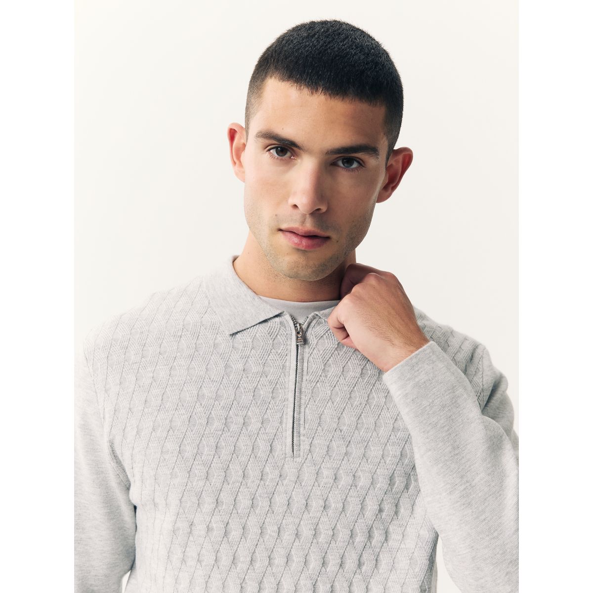 Polo regular en maille à col zippé gris, NEXT