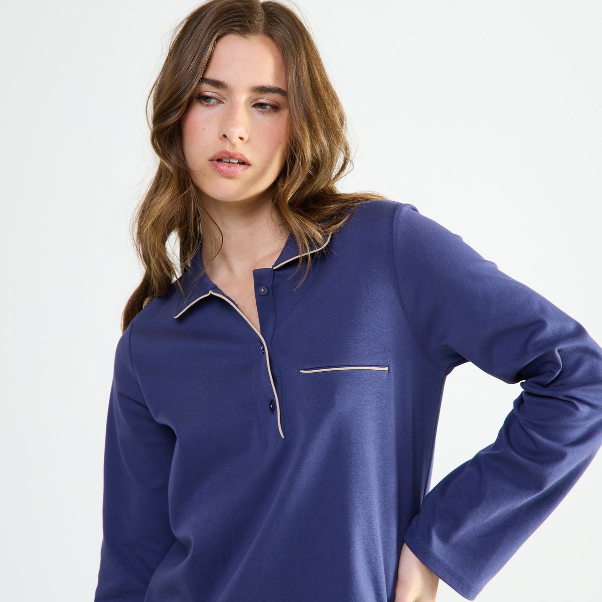 Chemise de nuit col polo en coton MYSTÉRIEUSE marine, LAURENCE TAVERNIER