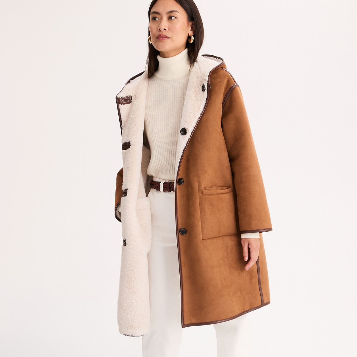 Manteau mi-long à capuche, réversible camel/écru, ANNE WEYBURN