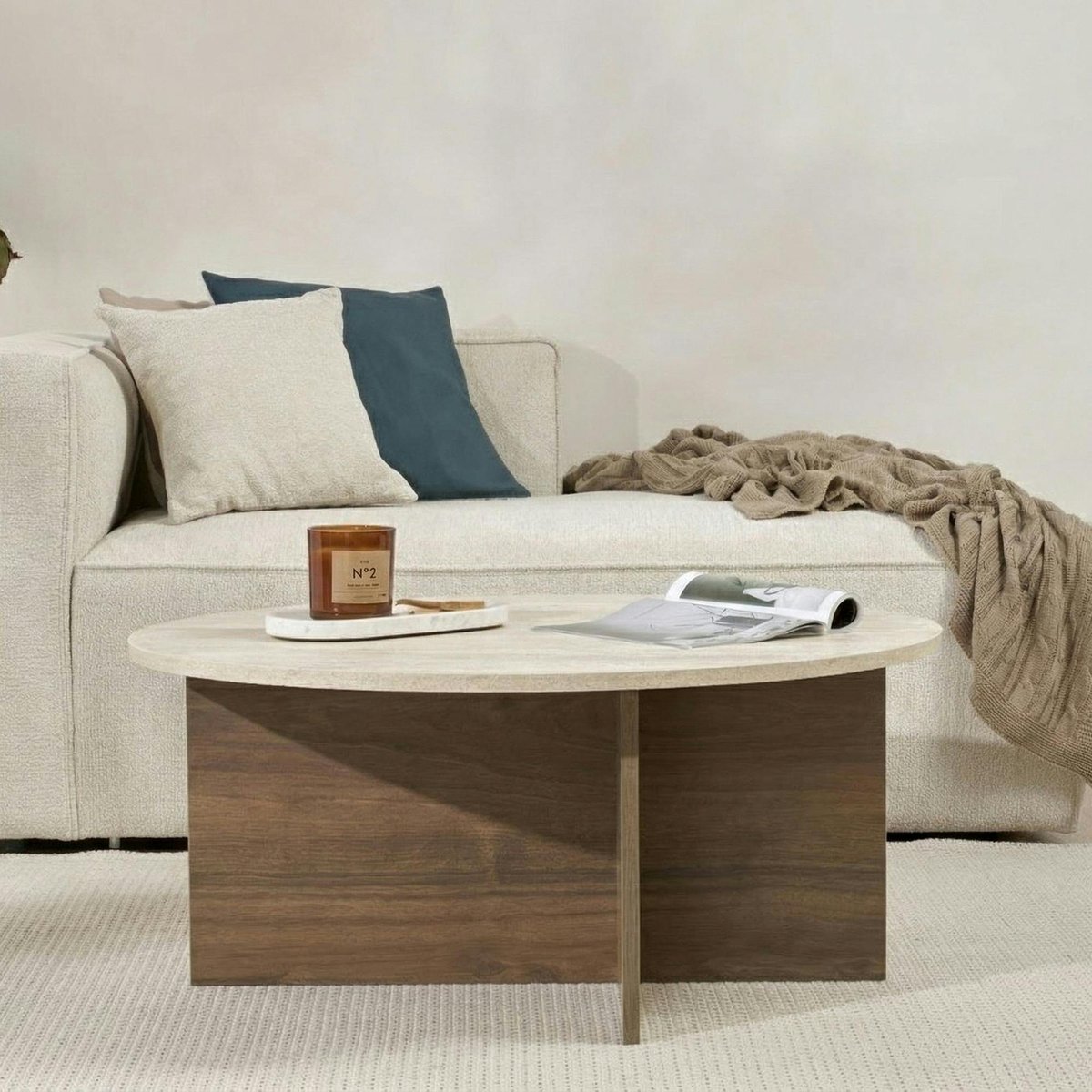Table basse ronde décor travertin et noyer MARFA beige, PIER IMPORT