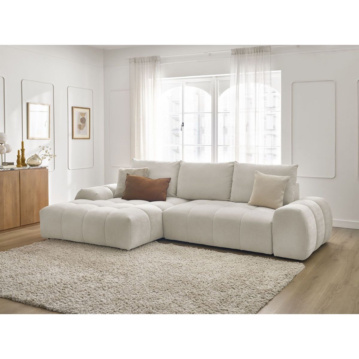 Canapé d'angle convertible 3 places en tissu texturé, EVEREST blanc, BOBOCHIC