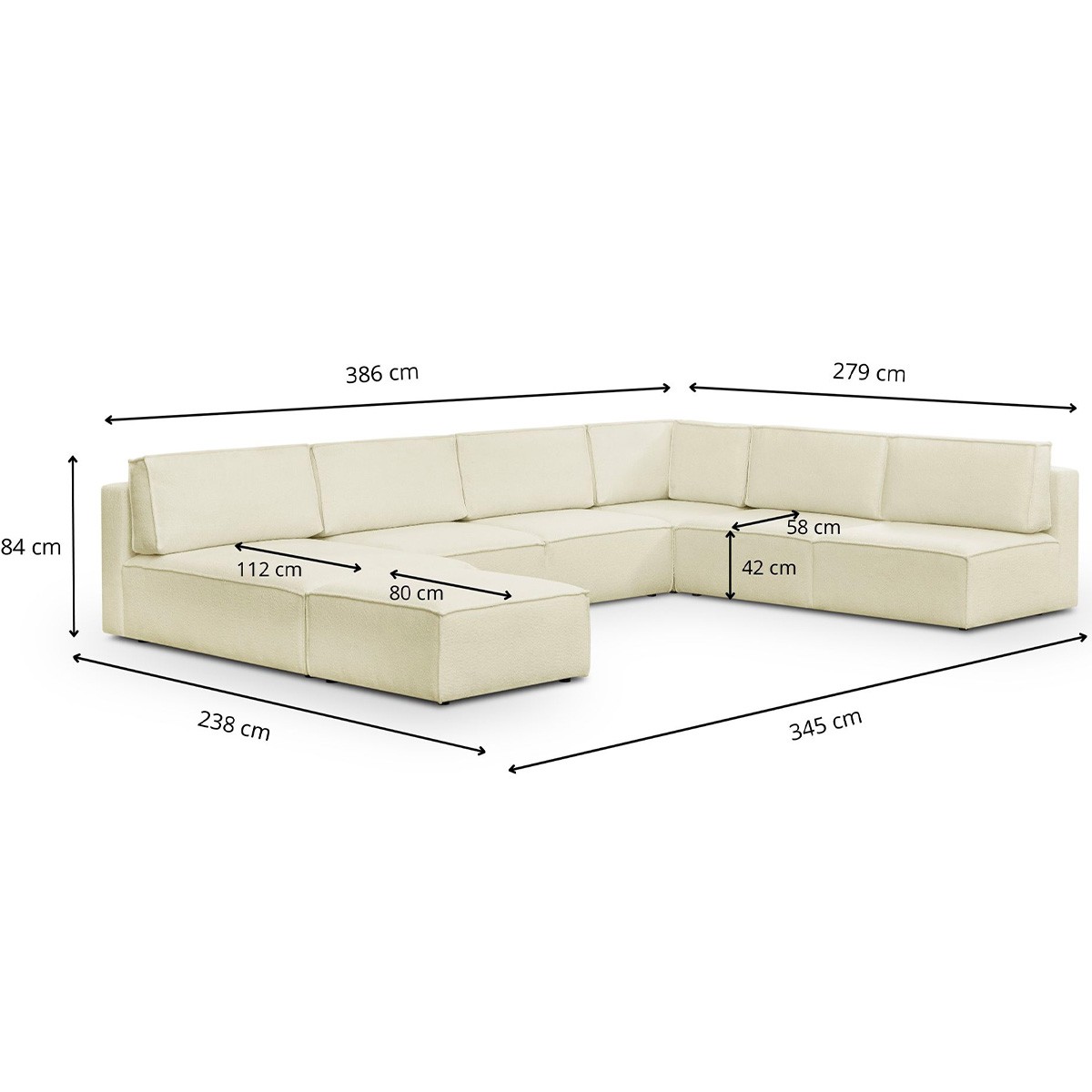 Canapé d'angle droit convertible 10+1 places en tissu bouclé - HARPER MOD ecru, HOMIFAB