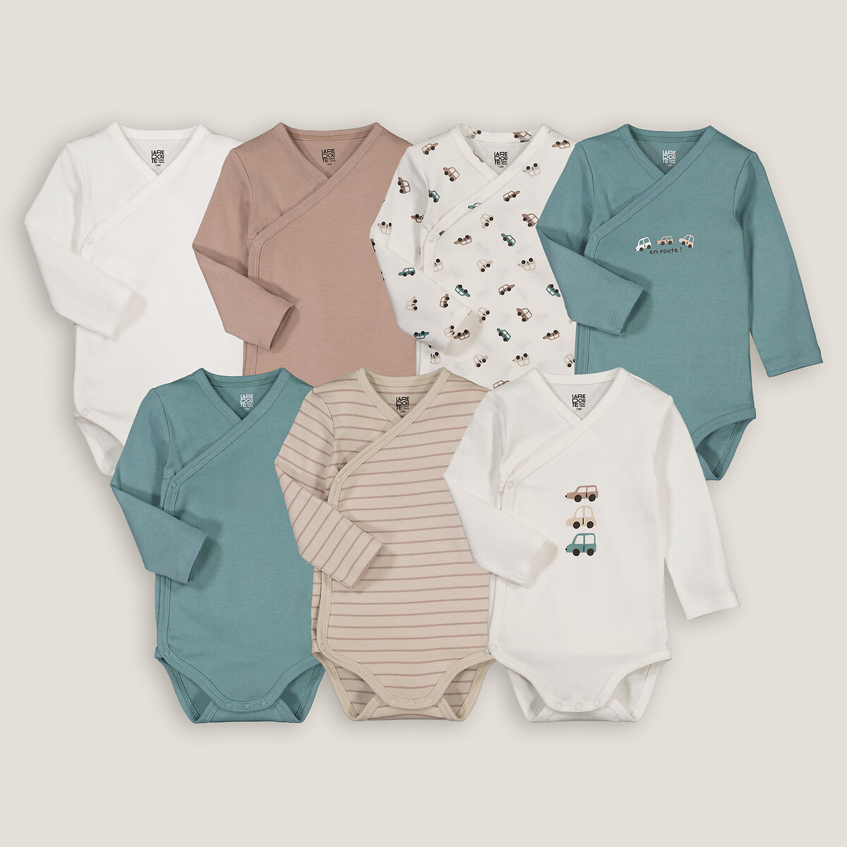 Lot de 7 bodies naissance manches longues bleu + marron + écru, LA REDOUTE COLLECTIONS