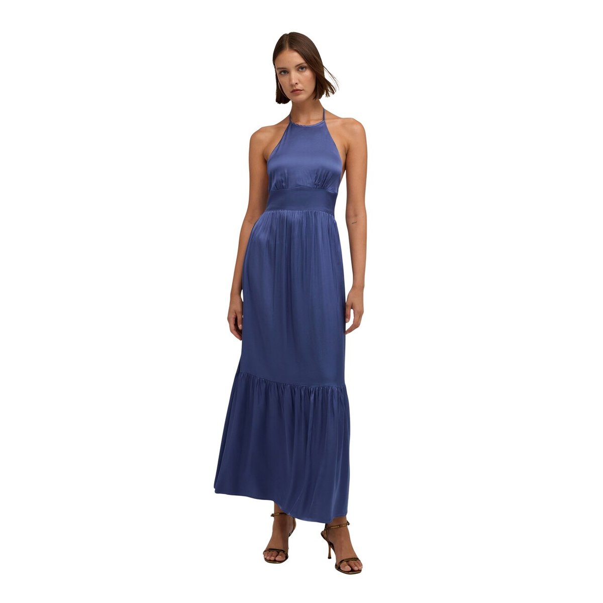 Robe longue en satin avec volant bleu, MOTIVI