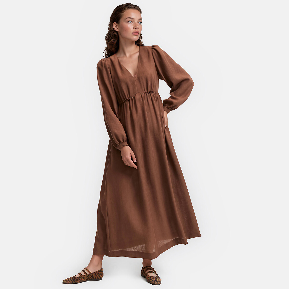 Robe longue col V à manches longues marron, LA REDOUTE COLLECTIONS