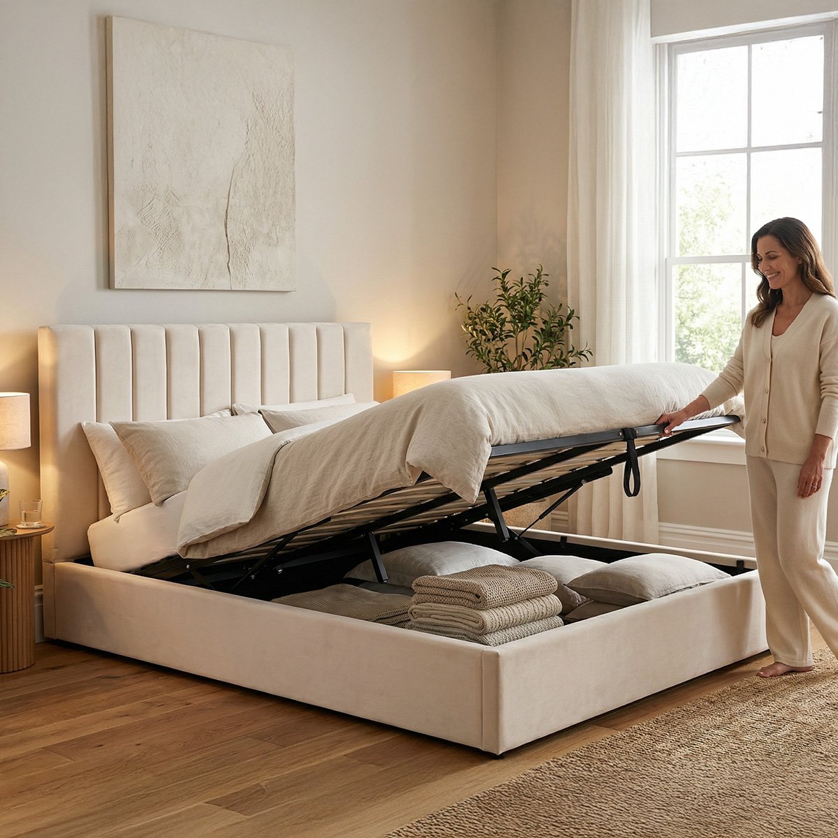 Lit coffre - Velours beige - GIULIA beige, MAISON AUBERTIN