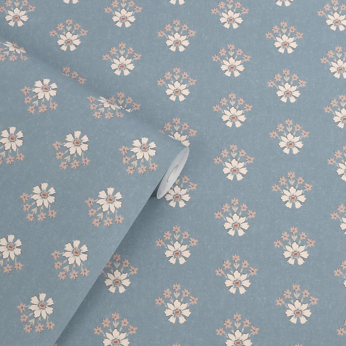 Papier peint fleuri Semington Floral Geo bleu, beige, blanc, LAURA ASHLEY