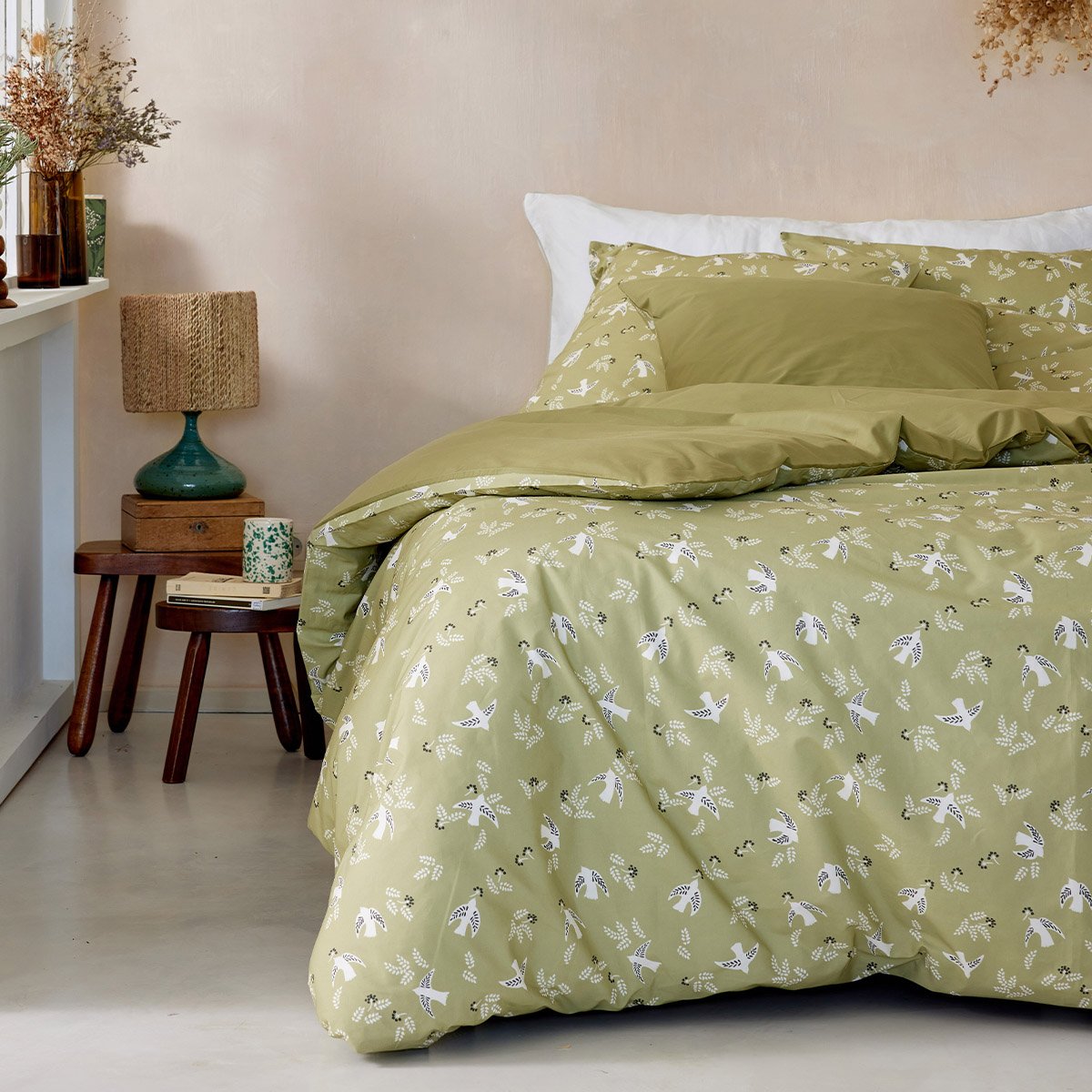 Housse de couette imprimée en percale de coton, LES BEAUX JOURS vert tendre, A DEMAIN