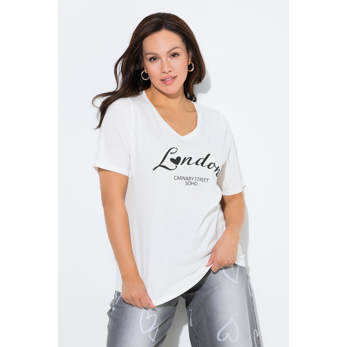 T-shirt décolleté en V et manches courtes blanc cassé, ULLA POPKEN