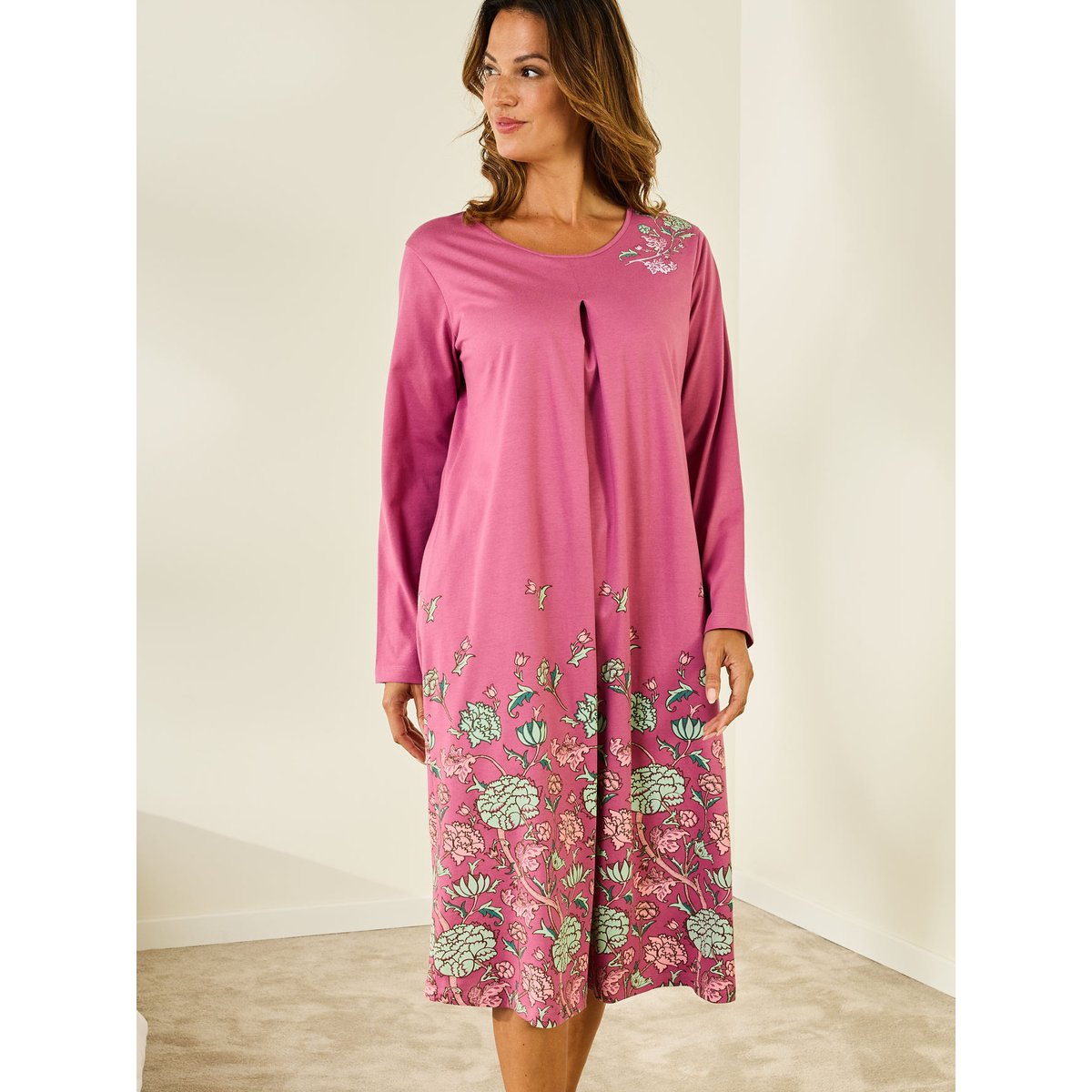 Chemise de nuit manches longues imprimé rose, DAXON