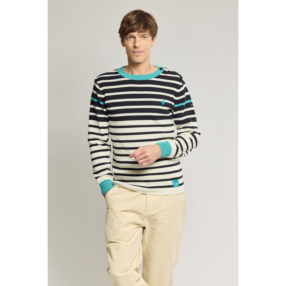 Pull marin - laine et acrylique blanc/ marine deep/ pool b, ARMOR-LUX