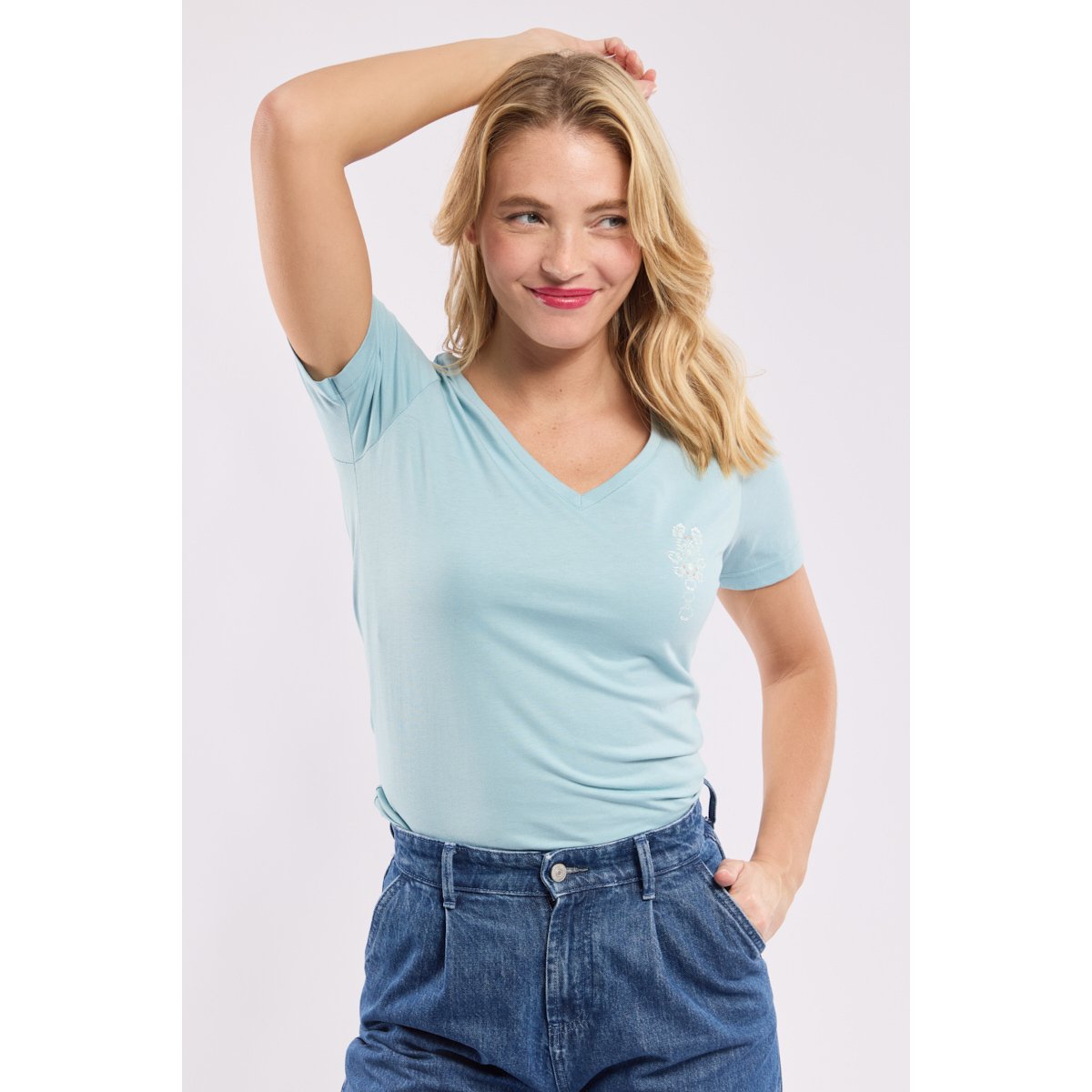 T-shirt col V en coton léger homard fleuri/d97, ARMOR-LUX