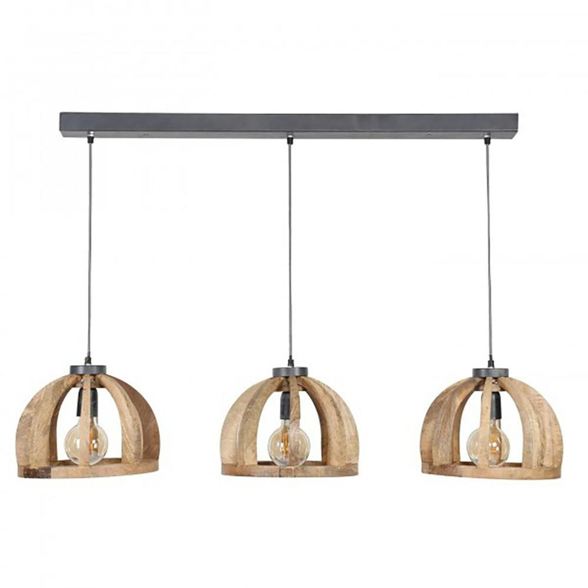 Suspension contemporaine 3 lampes ajourées bois de manguier LUCKNOW bois naturel, PIER IMPORT