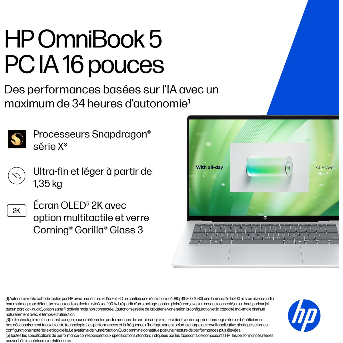 Ordinateur portable OmniBook 5 16-bf0005nf 16 pouces OLED Snapdragon X 16 Go RAM LPDDR5x SSD 512 Go Copilot+PC couleur unique, HP