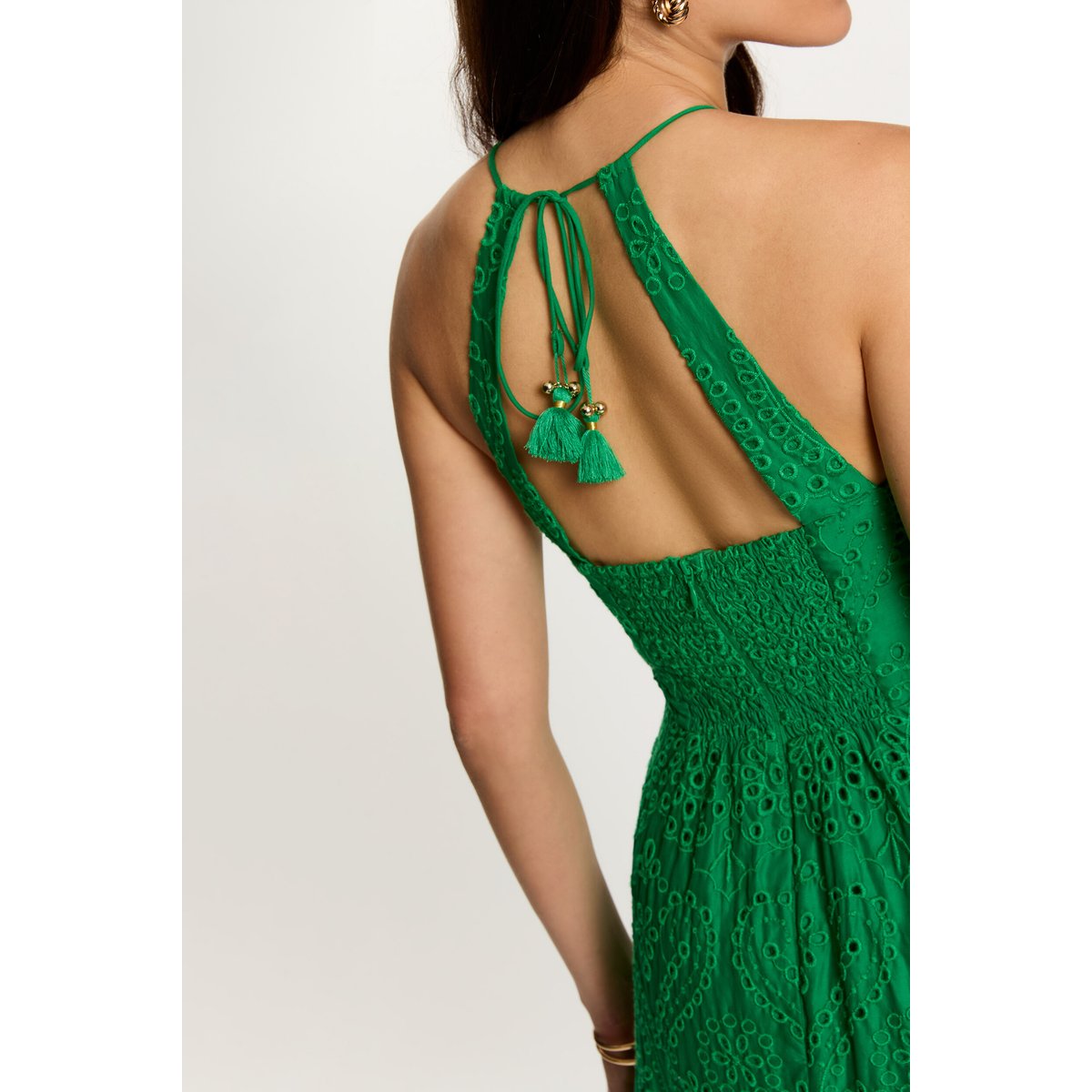 Robe longue broderie anglaise vert prairie, MORGAN