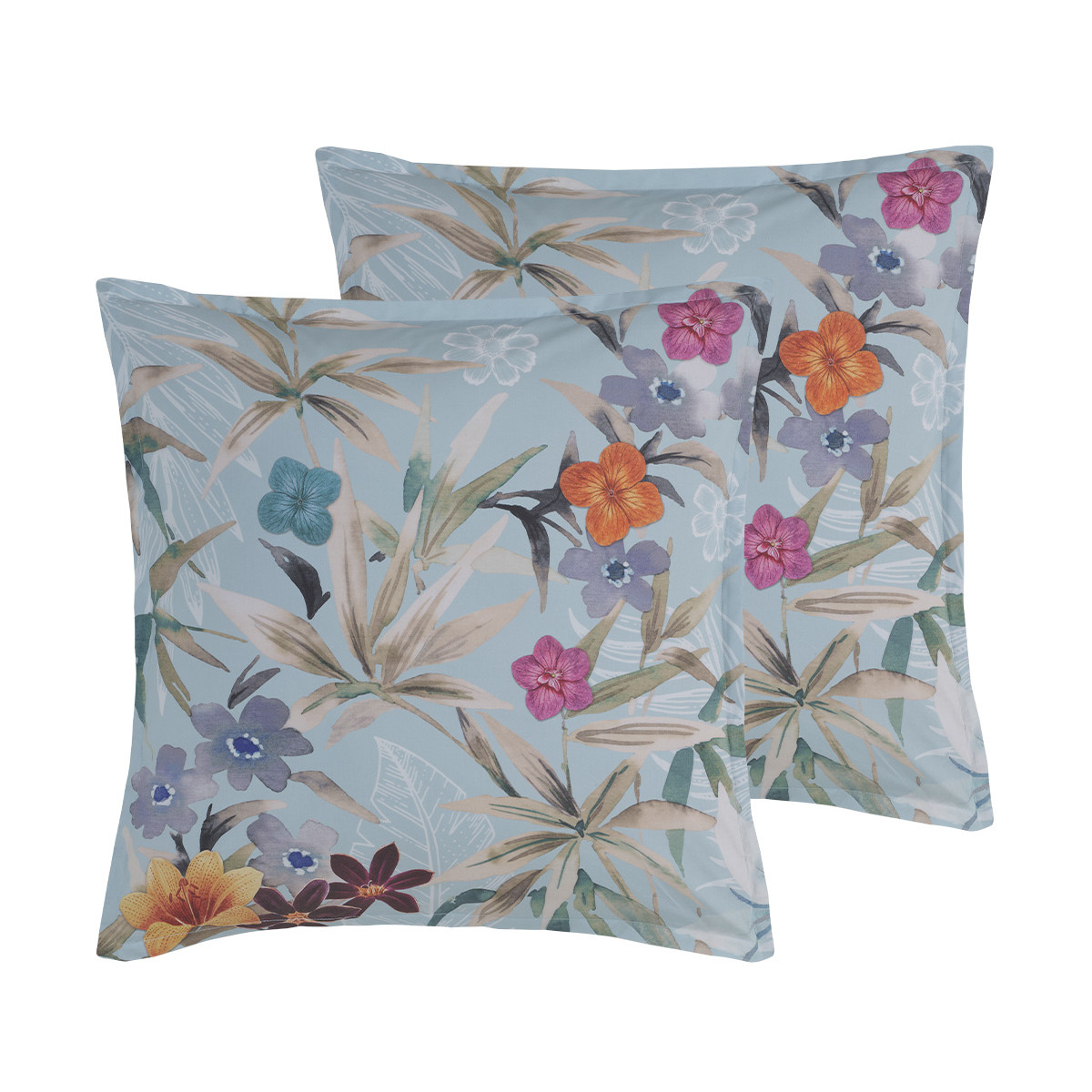 Parure de lit avec 2 taies 65x65 cm en percale BIRDIE bleu arctic, SENSEI MAISON