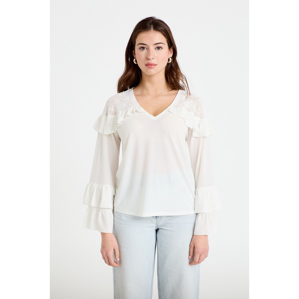 Blouse col v manches longues dentelle ecru, CACHE CACHE