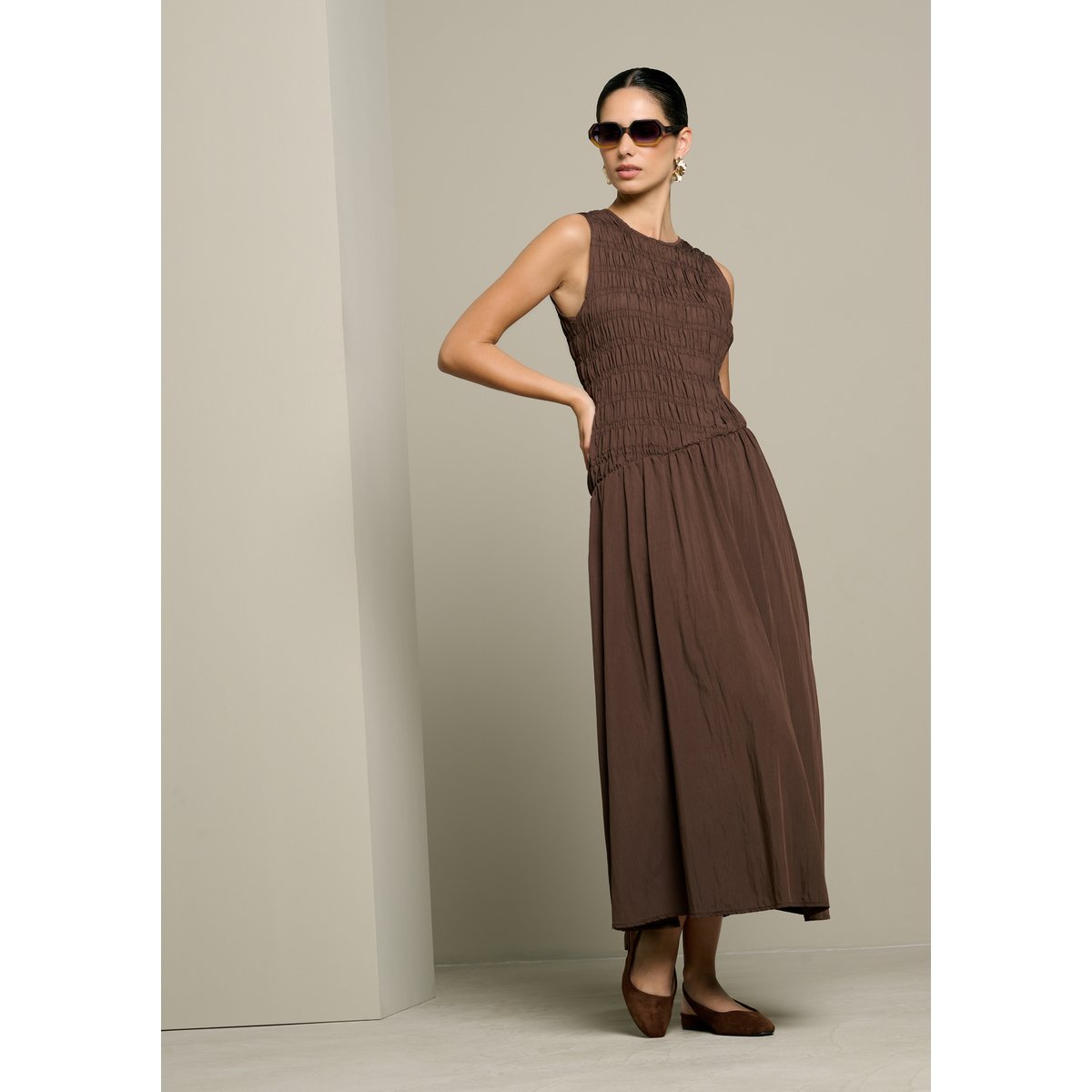 Robe midi smockée brun fonce chocolate, LOLALIZA