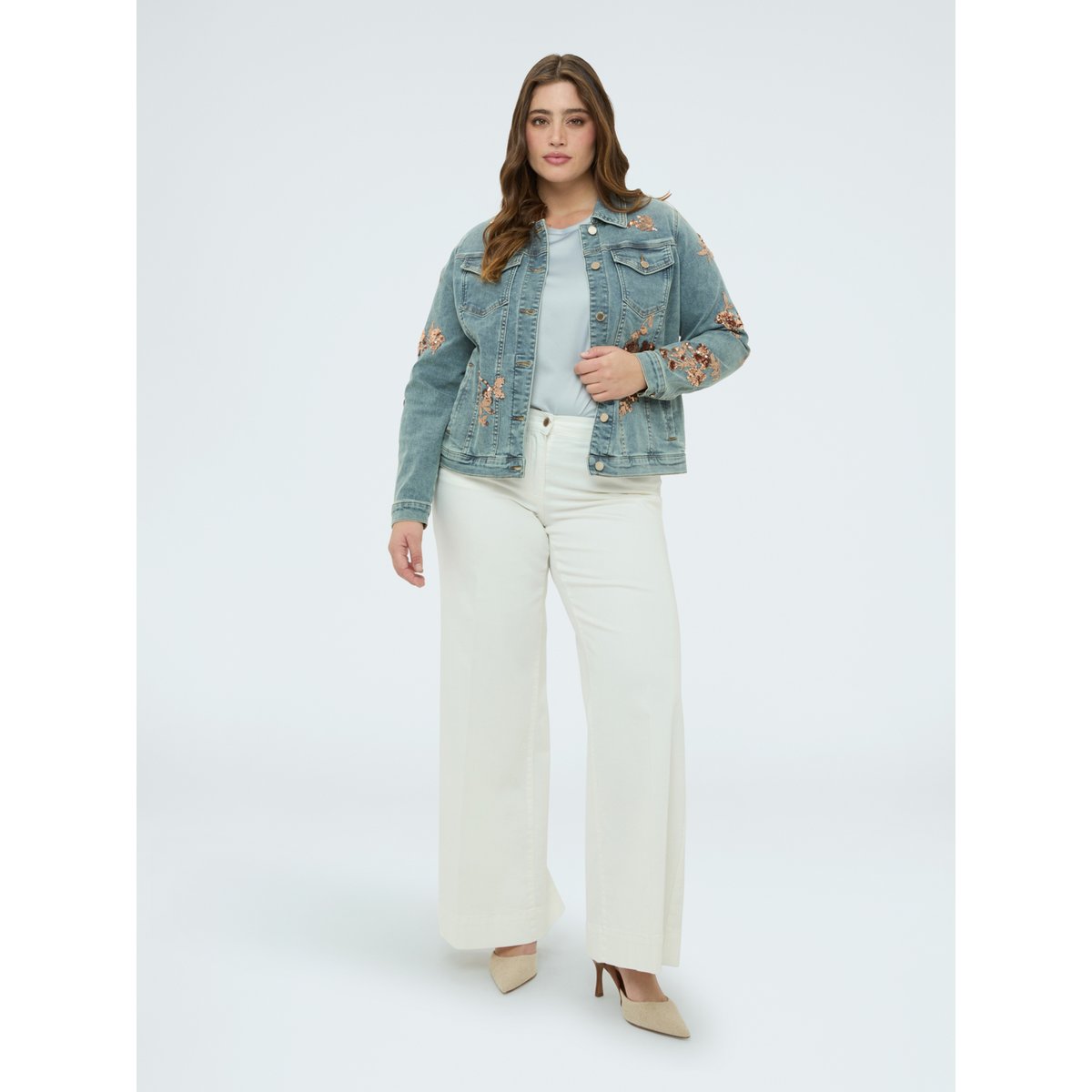 Veste avec broderies florales en paillettes light - blue, FIORELLA RUBINO