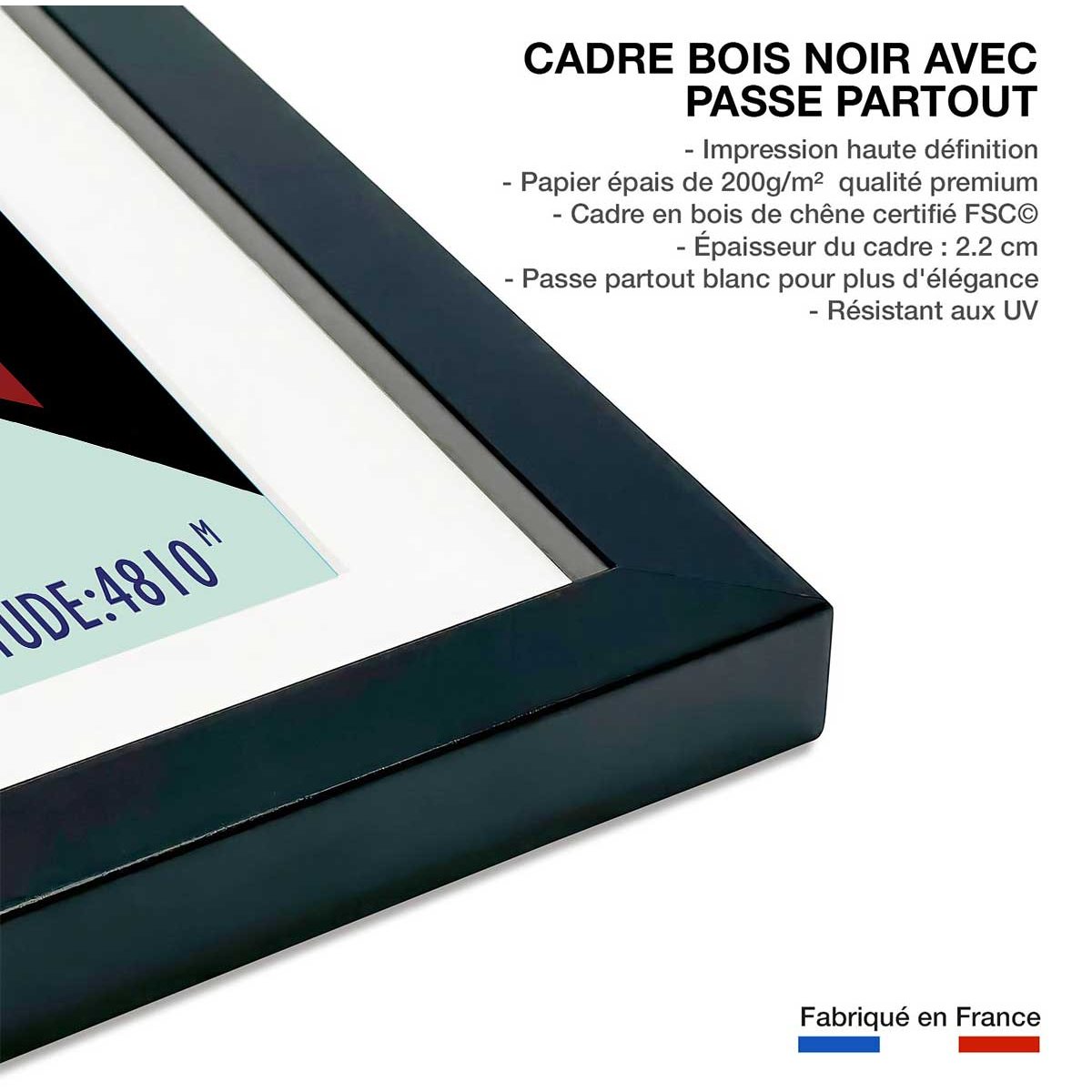 Affiche Terminus chamonix 4810m affiche + cadre en bois - noir, HEXOA