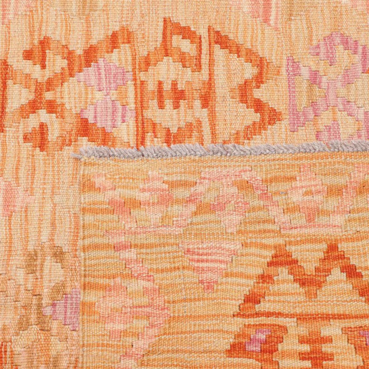 Tapis kilim au motif ethnique, tissé plat authentique, KILIM 54 orange, crème, rose, UN AMOUR DE TAPIS