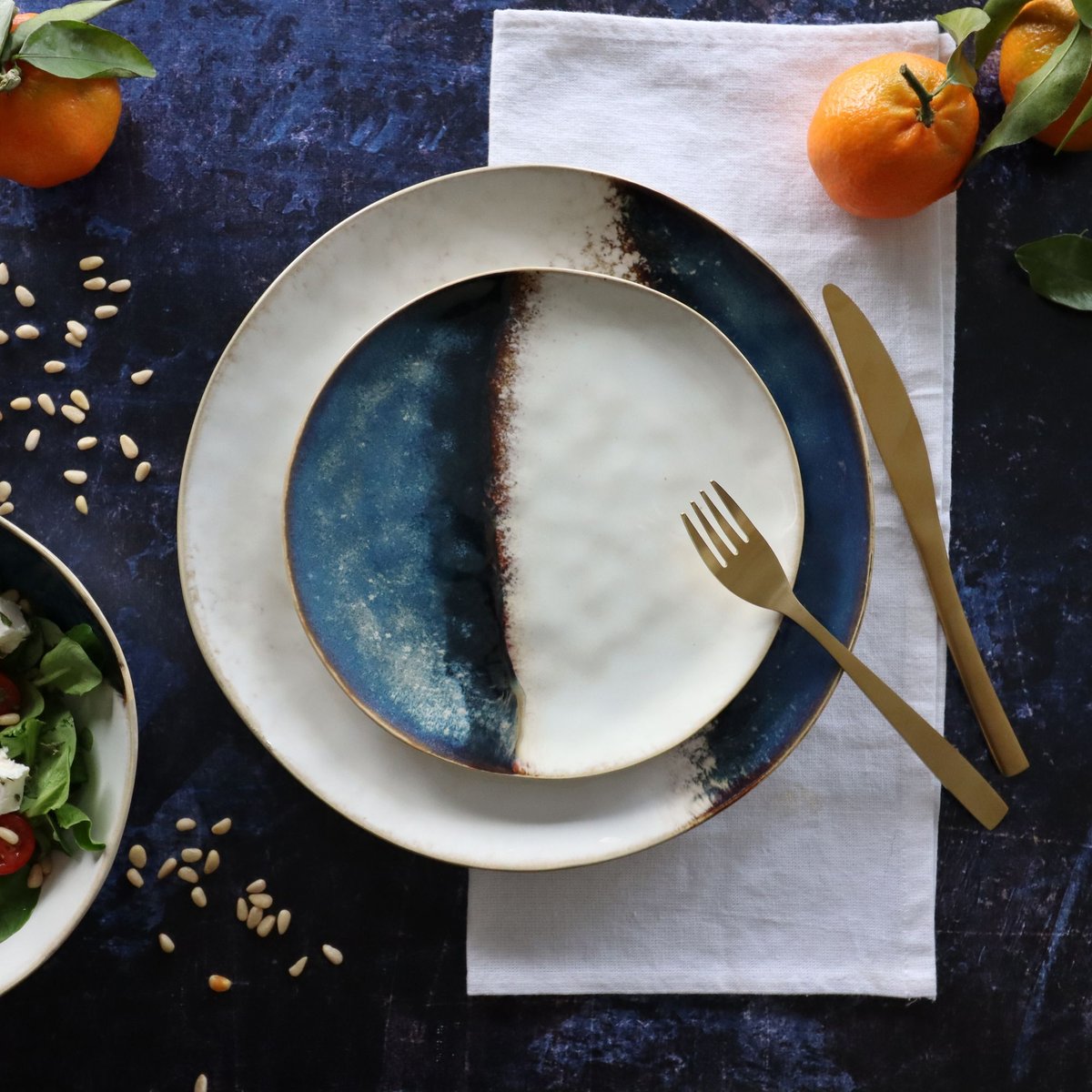 Lot de 6 assiettes à dessert en grès 20,5cm, KATANGA blanc-bleu, OGO LIVING