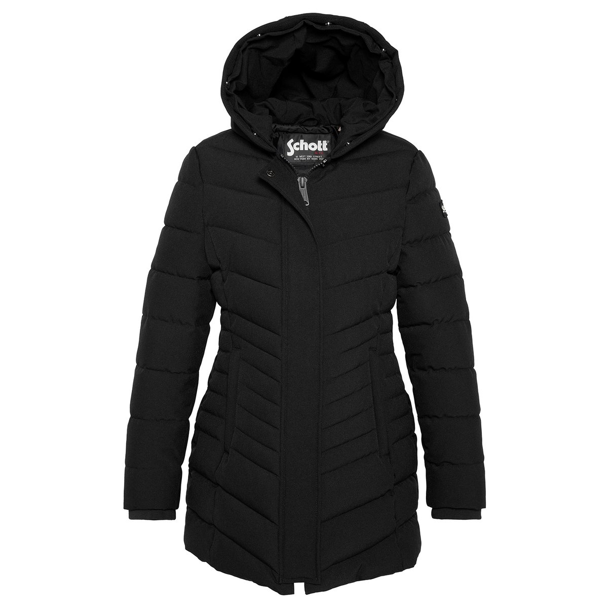 Parka mi-longue à capuche avec imitation fourrure amovible noir, SCHOTT
