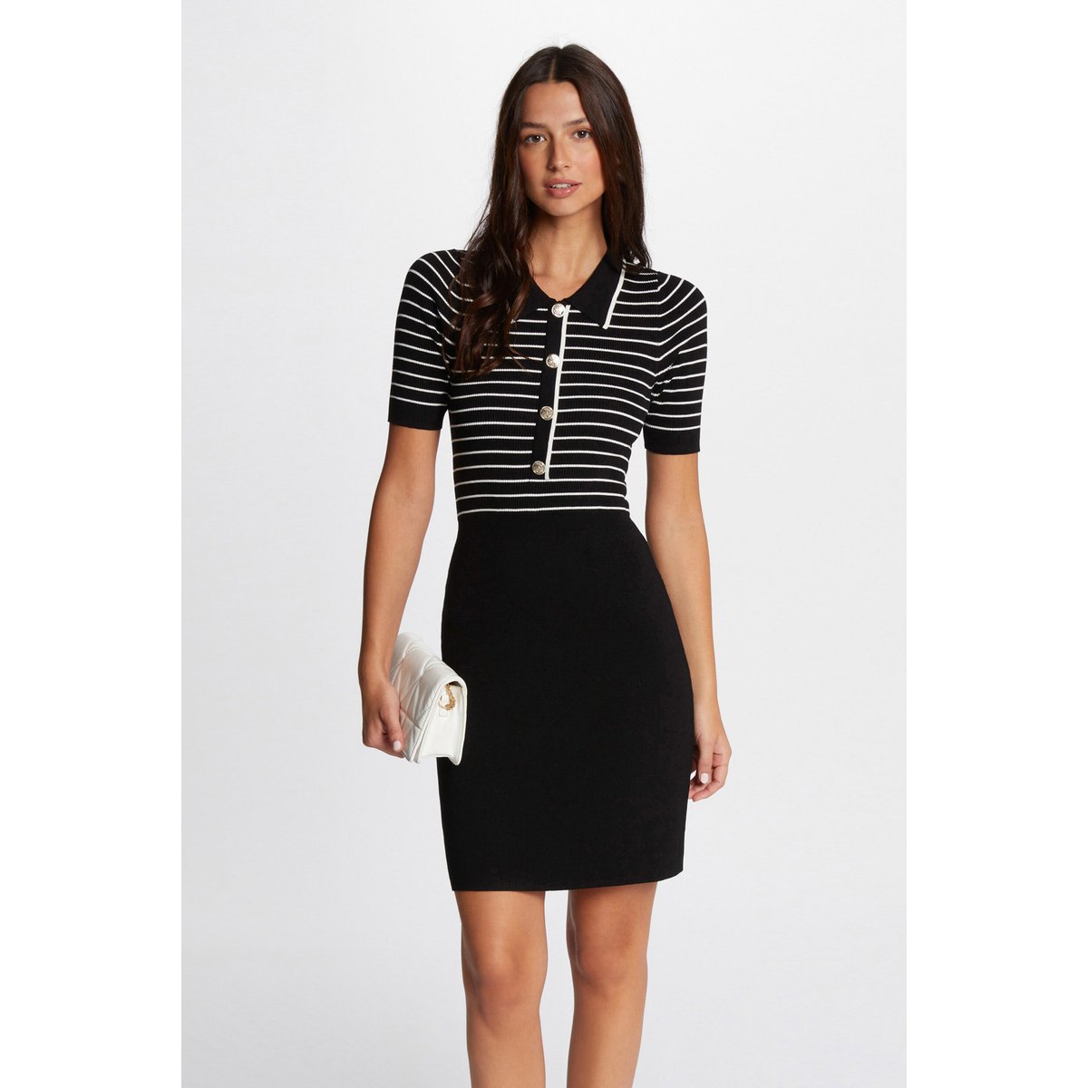 Robe tricot courte rayée noir, MORGAN