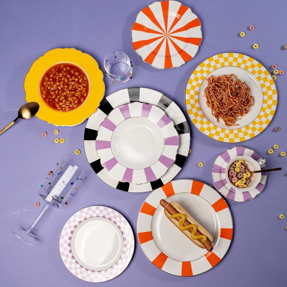 Lot de 6 assiettes bord rayé, HARLEQUIN orange, KARE DESIGN