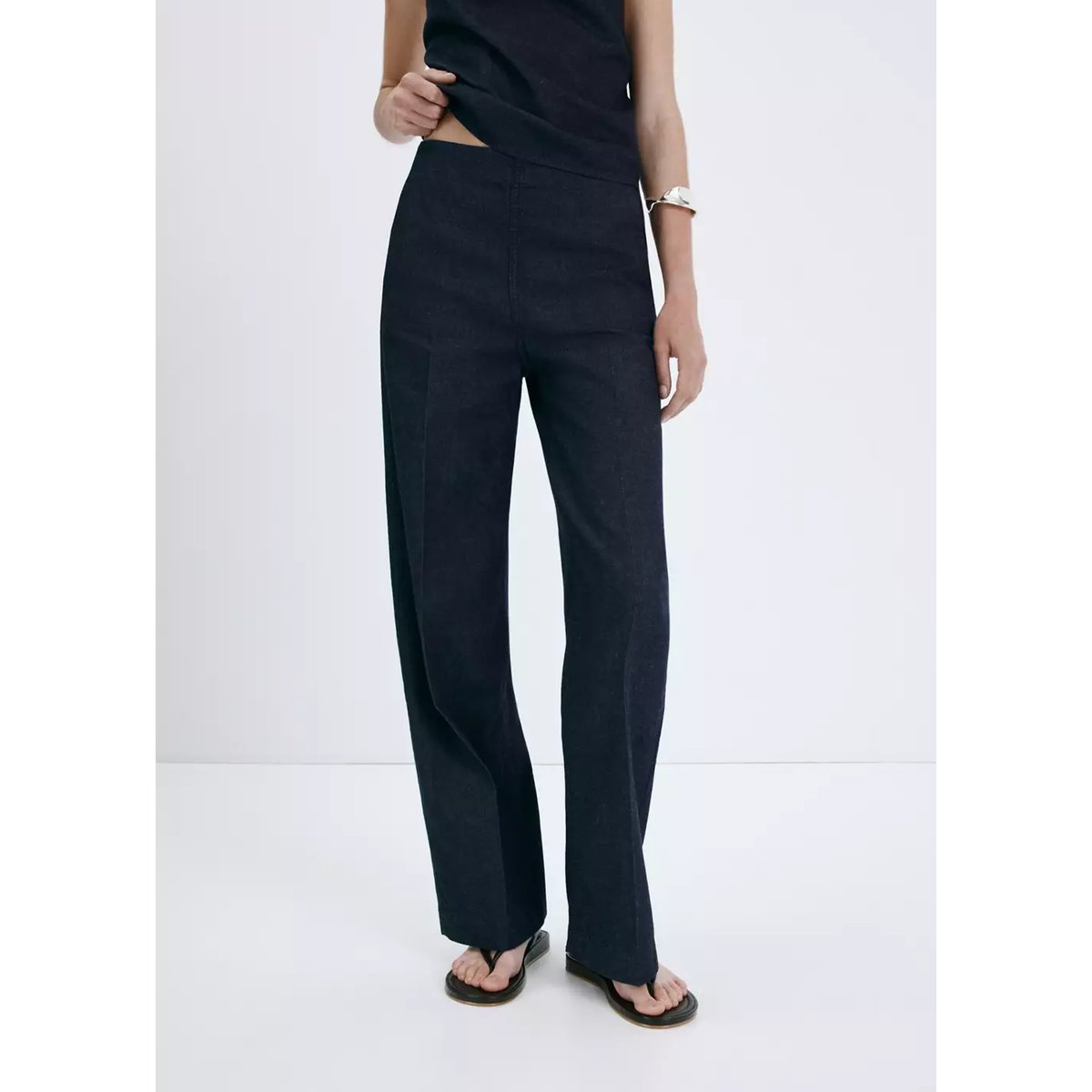 Pantalon en denim taille haute bleu, MANGO