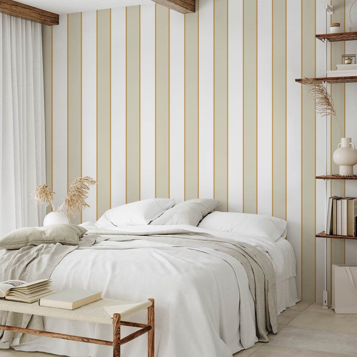Papier peint rayures beige doré intissé, HEXOA