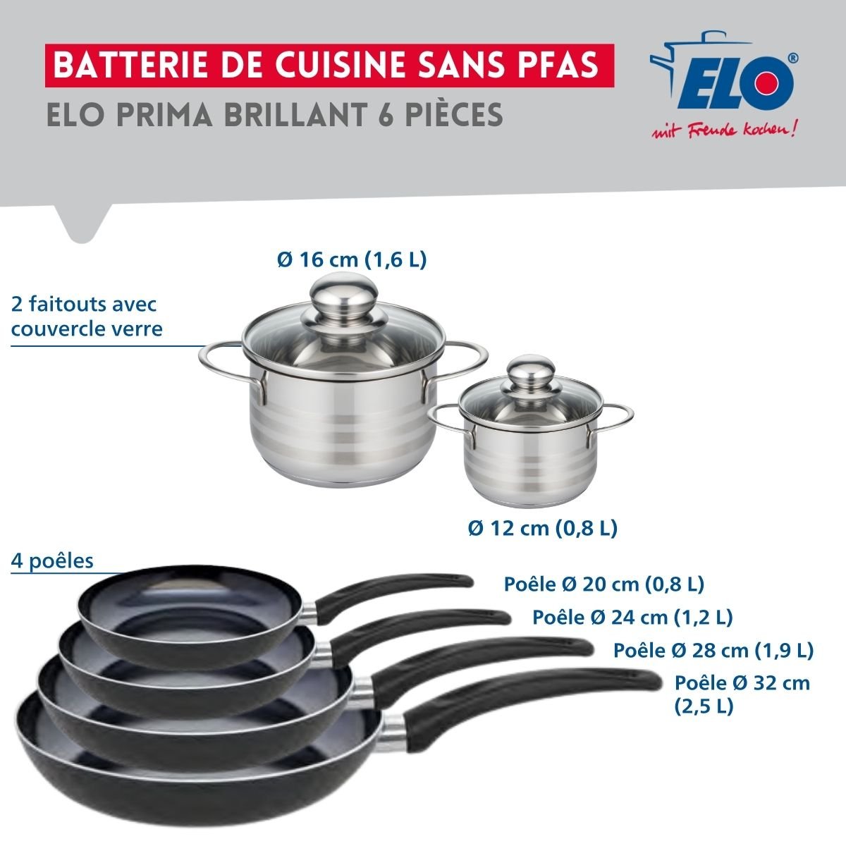 4 poêles 20/24/28/32cm + 2 faitouts 12/16cm PRIMA BRILLANT noir, ELO