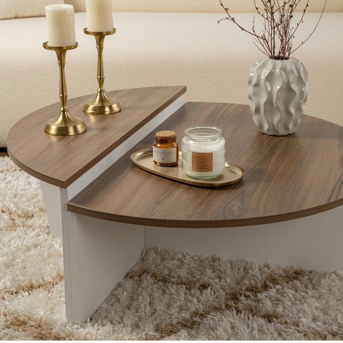 Table basse ronde modulable 2 hauteurs MARFA noyer / blanc, PIER IMPORT
